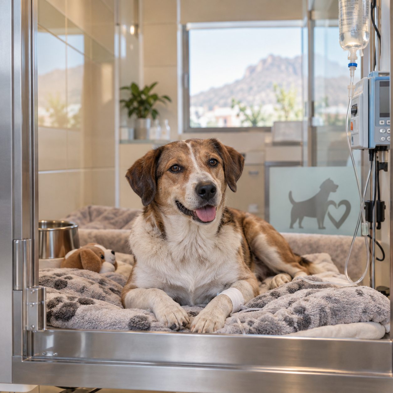 Perro mestizo en sala de hospitalización veterinaria Querétaro