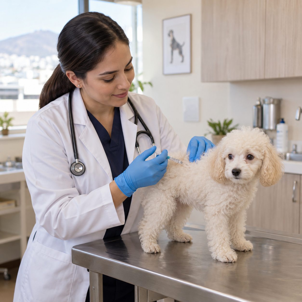 Cachorro French Poodle siendo vacunado en hospital veterinario Querétaro