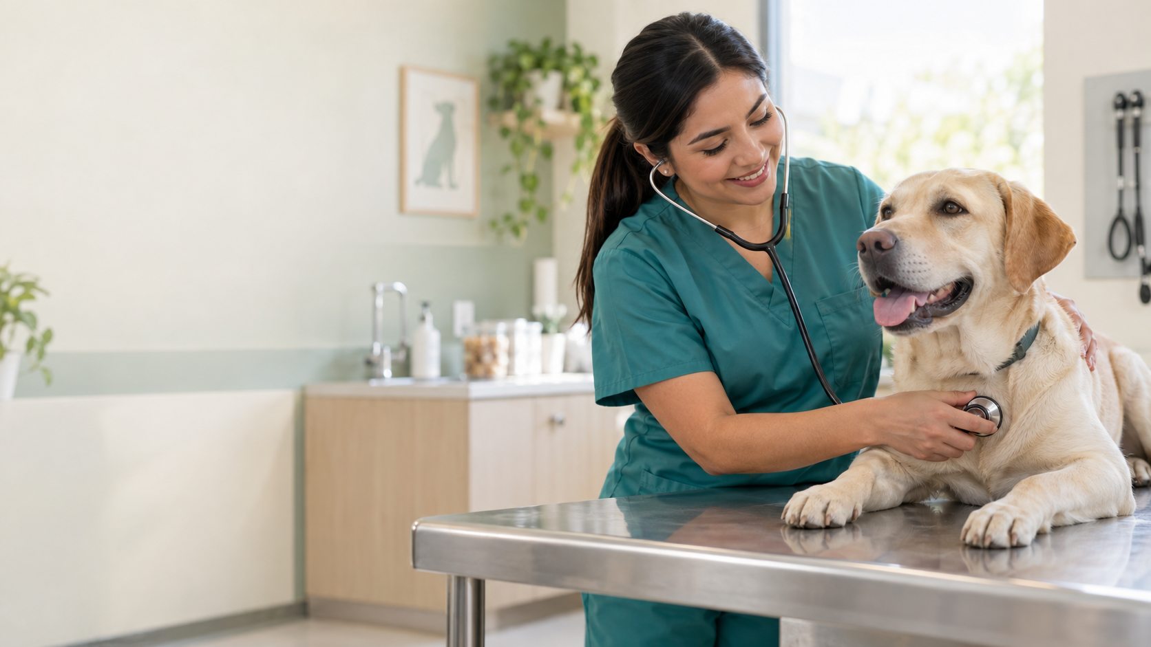 Veterinaria examinando un perro Labrador en Hospital Veterinario QRO Querétaro