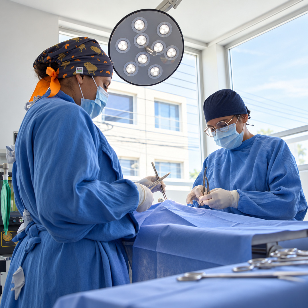 Equipo de clínica veterinaria preparando un procedimiento