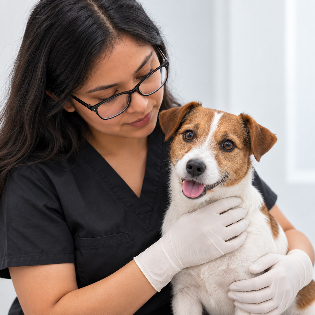 Veterinaria atendiendo una mascota en clínica de Querétaro